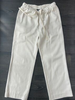 ZARA Off-White Linen Blend Drawstring Wide-Leg Trousers